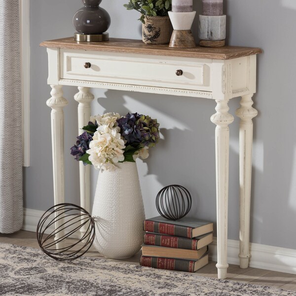 Baxton Studio Marquetterie Oak and White Finish Wood Two-Tone Console Table - 133-7190
