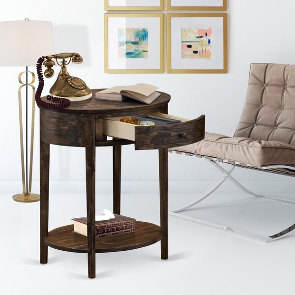 East West Furniture Hillsboro Small End Table with 1 Wood Drawer - Distressed Jacobean - HI-07-ET