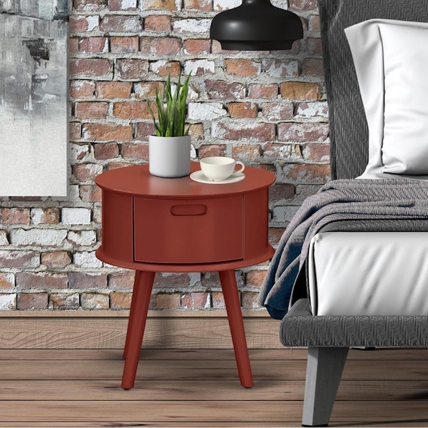 East West Furniture Gordon Round Night Stand End Table with Drawer - Burgundy - GONE13