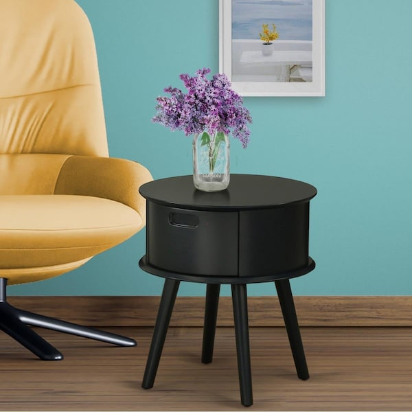 East West Furniture Gordon Round Night Stand End Table with Drawer - Black - GONE11