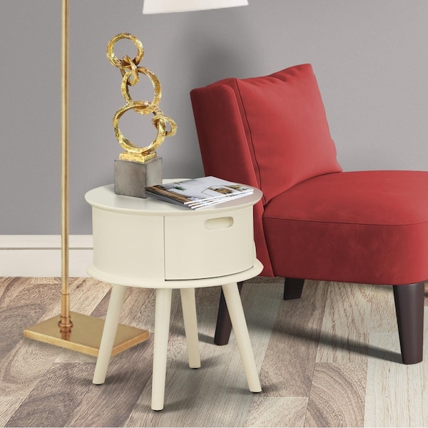 East West Furniture Gordon Round Night Stand End Table with Drawer - White - GONE05