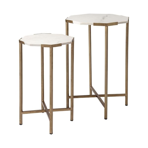 Homeroots Marble & Iron Hexagonal Top Side Tables White - Set of 2 - 380673