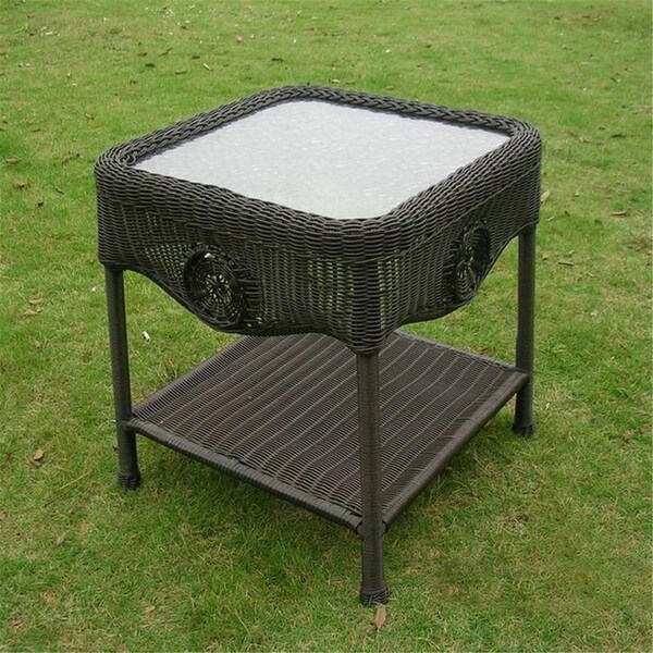Fixturesfirst Wicker Glass Top Side Table, Antique Black - FI1583310