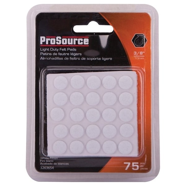 Prosource Furniture Pad, Felt Cloth, White, 3/8 in Dia, 5/64 in Thick, Round - FE-S301-PS