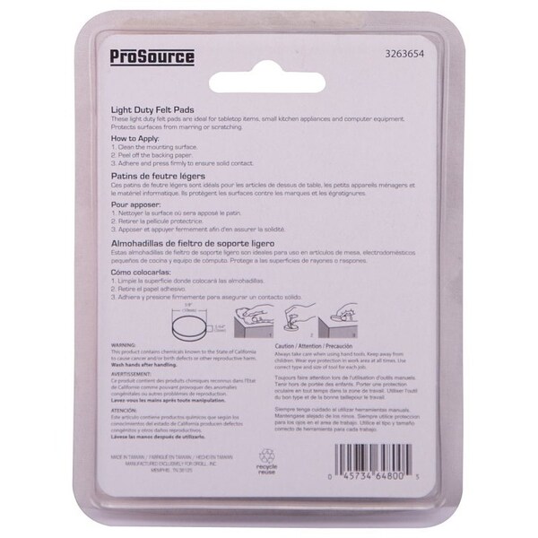 Prosource Furniture Pad, Felt Cloth, White, 3/8 in Dia, 5/64 in Thick, Round - FE-S301-PS