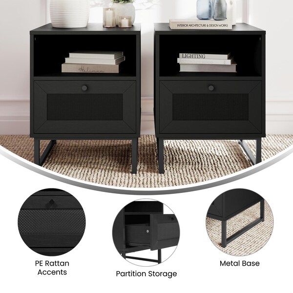 Flash Furniture Malaki Mid-Century Nightstands w/Rattan Accented Drawers, Open Upper Shelves, Metal Legs, Blk, 2PK - 2-EV-ST4043-ZZ-BLK-GG