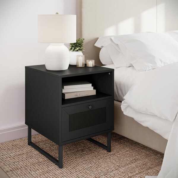 Flash Furniture Malaki Mid-Century Nightstands w/Rattan Accented Drawers, Open Upper Shelves, Metal Legs, Blk, 2PK - 2-EV-ST4043-ZZ-BLK-GG