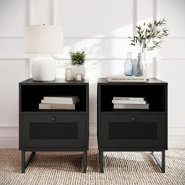 Flash Furniture Malaki Mid-Century Nightstands w/Rattan Accented Drawers, Open Upper Shelves, Metal Legs, Blk, 2PK - 2-EV-ST4043-ZZ-BLK-GG