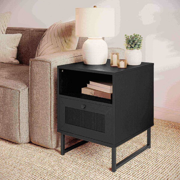 Flash Furniture Malaki Mid-Century Nightstands w/Rattan Accented Drawers, Open Upper Shelves, Metal Legs, Blk, 2PK - 2-EV-ST4043-ZZ-BLK-GG