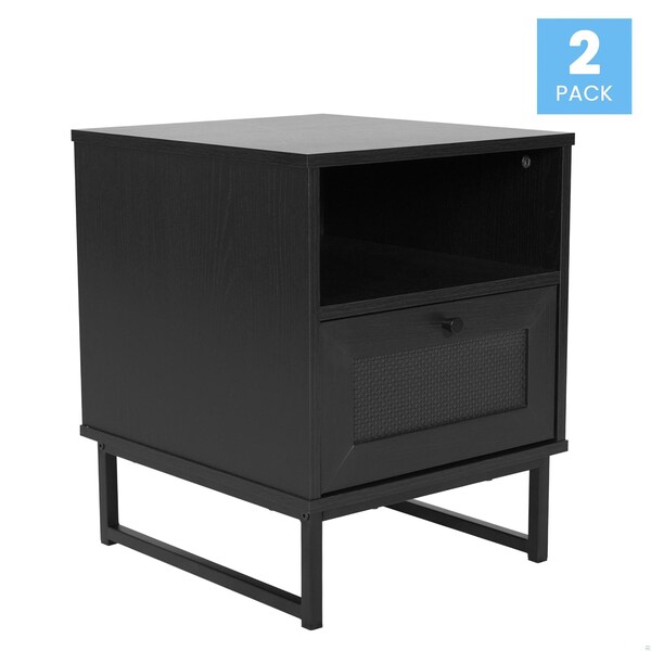 Flash Furniture Malaki Mid-Century Nightstands w/Rattan Accented Drawers, Open Upper Shelves, Metal Legs, Blk, 2PK - 2-EV-ST4043-ZZ-BLK-GG
