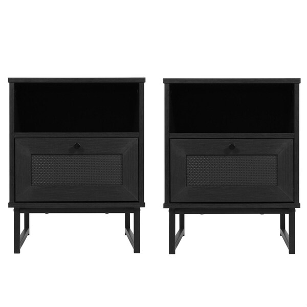 Flash Furniture Malaki Mid-Century Nightstands w/Rattan Accented Drawers, Open Upper Shelves, Metal Legs, Blk, 2PK - 2-EV-ST4043-ZZ-BLK-GG