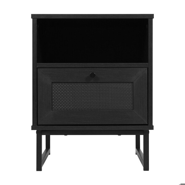 Flash Furniture Malaki Mid-Century Nightstands w/Rattan Accented Drawers, Open Upper Shelves, Metal Legs, Blk, 2PK - 2-EV-ST4043-ZZ-BLK-GG