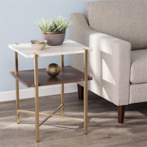 Homeroots 24 in. Manufactured Wood & Iron Square End Table with Shelf Brass - 402451