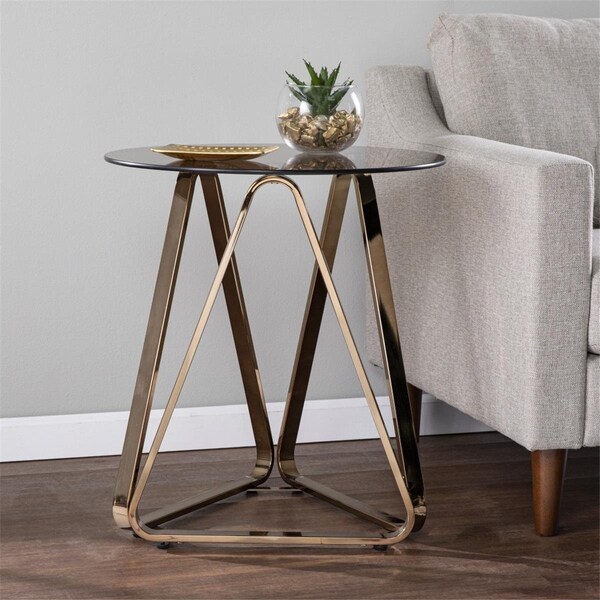 Homeroots 24 in. Glass & Iron Round End Table Champagne - 402480
