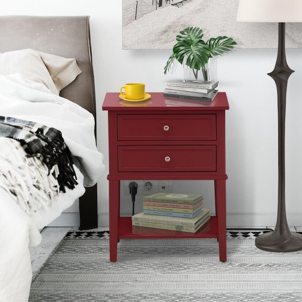 East West Furniture Valencia Mid Century Modern End Table with 2 Wood Drawers for Bedroom - Burgundy - VL-13-ET