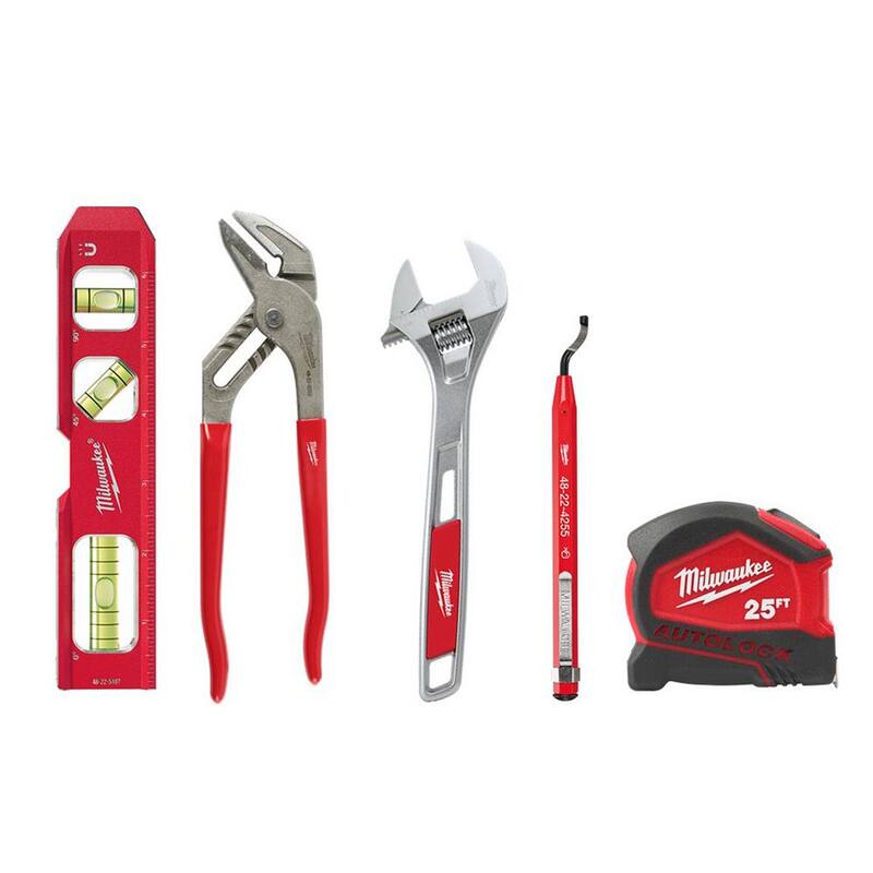 Llave ajustable de 12 pulgadas de Milwaukee, nivel torpedo de 7 pulgadas, bolígrafo escariador, pinza de mandíbula lisa de 10 pulgadas y cinta métrica (paquete de 5 piezas) - 48-22-7412-48-22-5107-48-22-4255-48-2