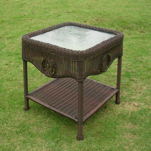International Caravan Wicker Glass Top Side Table, Antique Pecan - 3196-AP