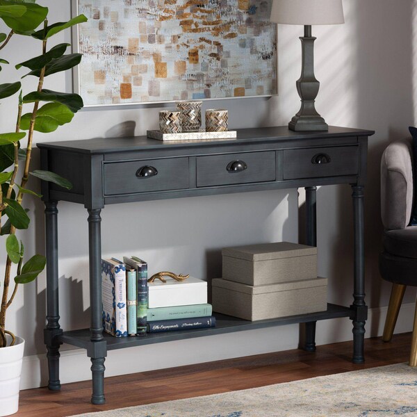 Baxton Studio Garvey French Provincial Dark Blue Gray Wood 3-Drawer Entryway Console Table - 179-11329-ZORO