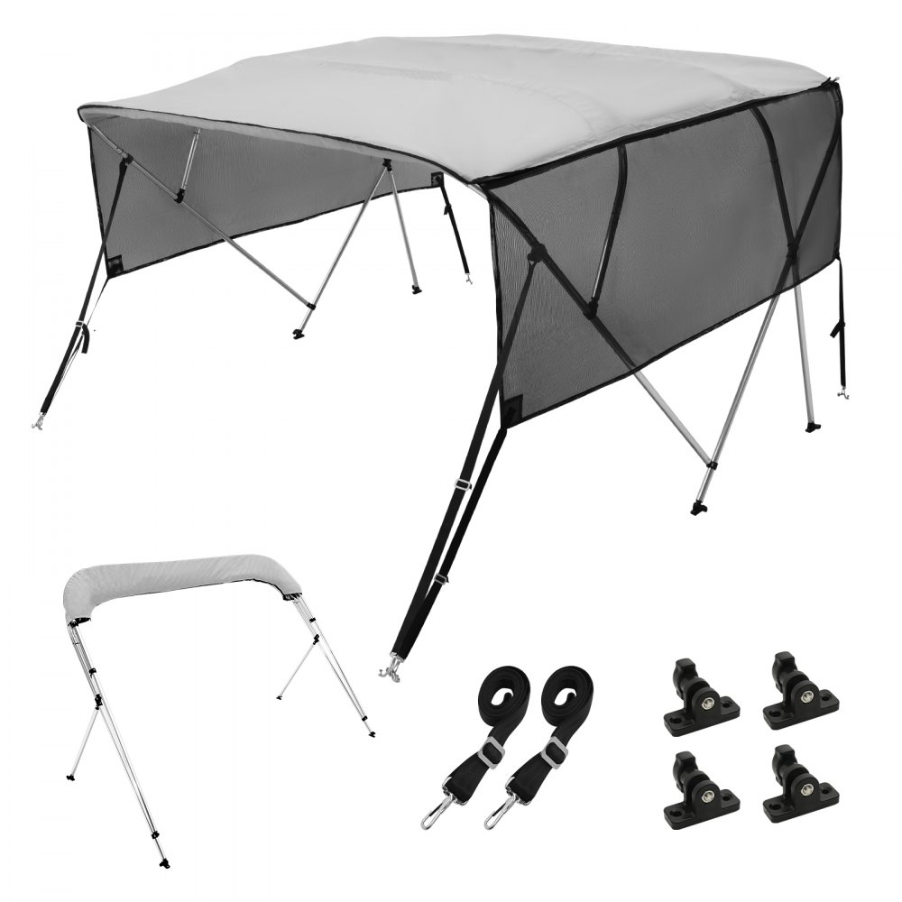 VEVOR 4 Bow Bimini Top Boat Cover, Detachable Mesh Sidewalls, 600D Polyester Canopy with 1" Aluminum Alloy Frame, Includes Storage Boot, 2 Straps, 2 Support Poles, 8'L x 54"H x 85"-90"W, Light Grey - 4GCYZYPDCL8LAGQAHV0
