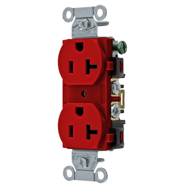 Dispositivos de hoja recta Hubbell Wiring Device-Kellems, Receptáculos, Dúplex, Grado Comercial, 20A 125V, 2 Polos 3 Hilos Con conexión a tierra, 5-20R, Conexión trasera y lateral, Rojo - BR20R