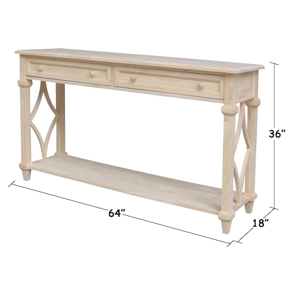 International Concepts Rectangle Josephine Solid Wood Console/Sofa Table with Shelf and 2 Drawers -, 64 in W, 18 in L - OT-19S