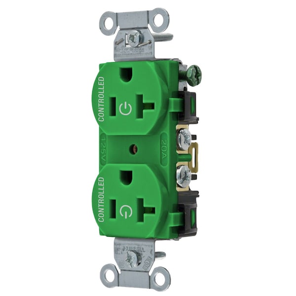 Dispositivos de hoja recta de Hubbell Wiring Device-Kellems, receptáculos, duplex, control de carga, 20A 125V, 2 polos 3 cables a tierra, 5-20R, cableado trasero y lateral, verde - BR20C2GN.