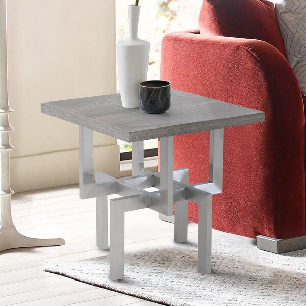 Armen Living Illusion Gray Wood End Table with Brushed Stainless Steel Base - LCILLABSGR