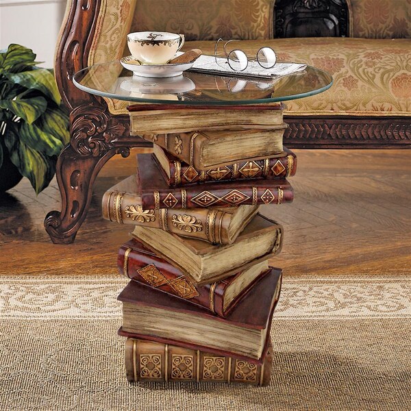 Design Toscano Power of Books Sculptural Glass-Topped Side Table - NG32069