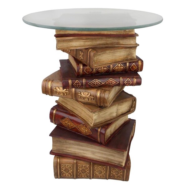 Design Toscano Power of Books Sculptural Glass-Topped Side Table - NG32069