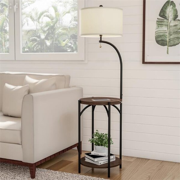 Lavish Home Lavish Home A1000B2 Floor Lamp End Table - Modern Rustic Side Table with Drum Shaped Shade; Dark Brown; Black & Off-White - A1000B2