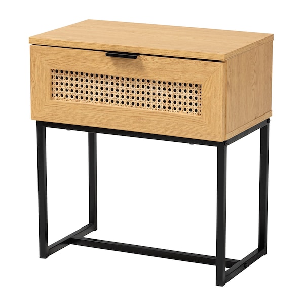 Baxton Studio 19.7 W, 11.8 L, 21.7 H, Particle Board, Natural Rattan, Metal, Oak Brown/Black - 223-12919-ZORO