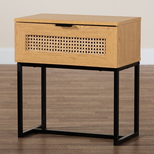Baxton Studio 19.7 W, 11.8 L, 21.7 H, Particle Board, Natural Rattan, Metal, Oak Brown/Black - 223-12919-ZORO