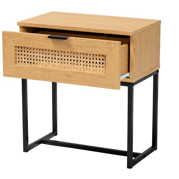 Baxton Studio 19.7 W, 11.8 L, 21.7 H, Particle Board, Natural Rattan, Metal, Oak Brown/Black - 223-12919-ZORO