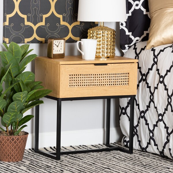Baxton Studio 19.7 W, 11.8 L, 21.7 H, Particle Board, Natural Rattan, Metal, Oak Brown/Black - 223-12919-ZORO