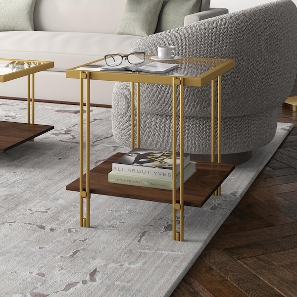 Hudson & Canal 22 x 20 x 20 in. Inez Square Side Table with MDF Shelf Brass & Walnut - ST1558