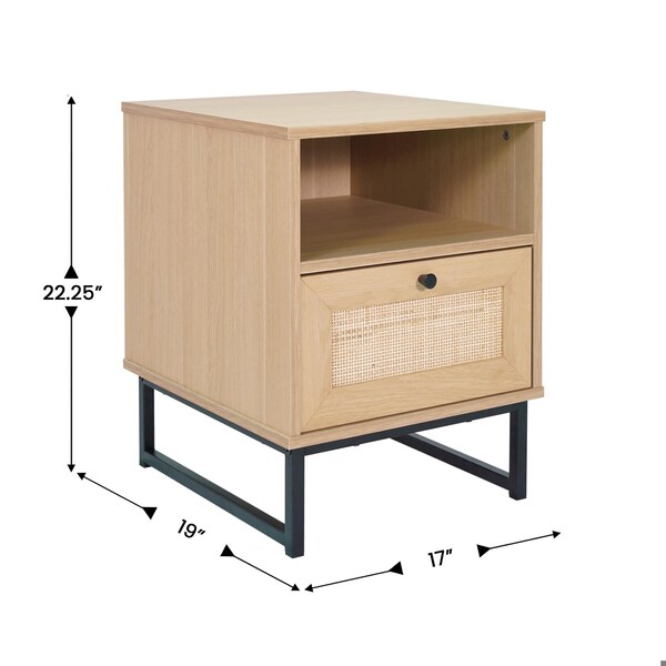 Flash Furniture Malaki Mid-Century Modern Nightstand w/Rattan Accented Drwr, Open Upper Shelf, Metal Legs, Natural - EV-ST4043-ZZ-NAT-GG