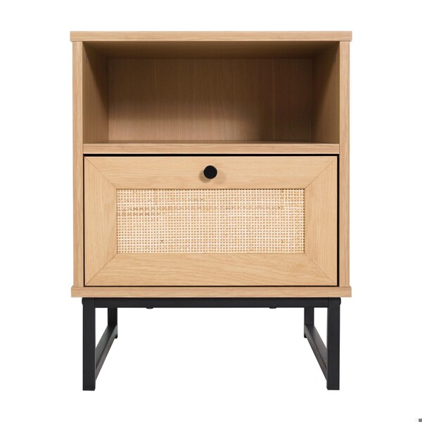 Flash Furniture Malaki Mid-Century Modern Nightstand w/Rattan Accented Drwr, Open Upper Shelf, Metal Legs, Natural - EV-ST4043-ZZ-NAT-GG