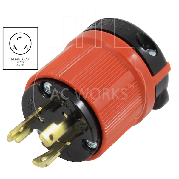 Ac Works NEMA L6-20P 20A 250V 3-Prong Locking Male Plug con UL, Aprobación C-UL en Negro - ASL620P