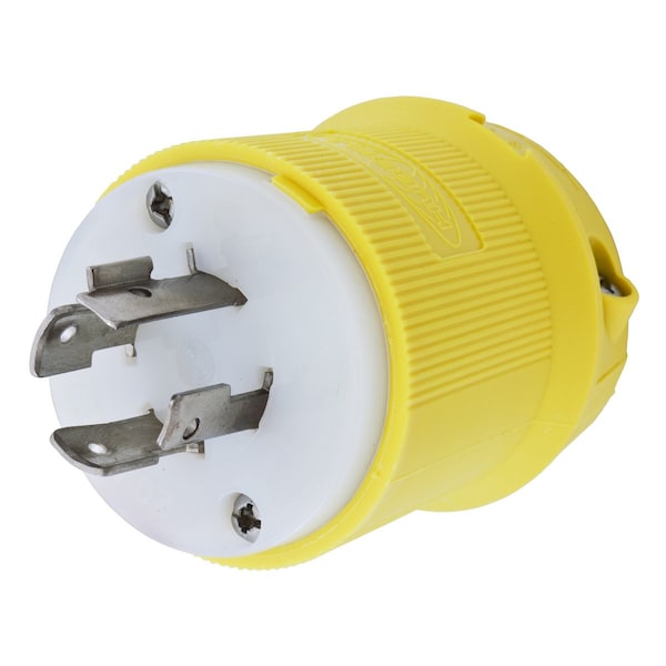 Dispositivos de bloqueo Hubbell Wiring Device-Kellems, Twist-Lock®, Grado Marino, Conector macho, 20A 3 fases Delta 480V CA, 3 polos 4 cables de tierra, L16-20P, Terminal de tornillo, Amarillo - HBL24CM31