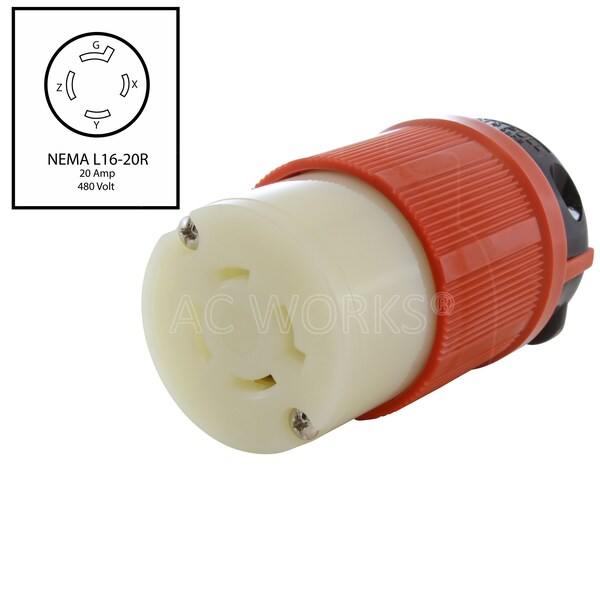 Ac Works NEMA L16-20R 3-Fase 20A 480V 4-Punta Conector Hembra Bloqueable con Aprobación UL, C-UL en color naranja - ASL1620R