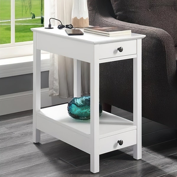 Acme Wooden Side Table with USB Charging Dock and 2-Drawer in White - ER-0245WH