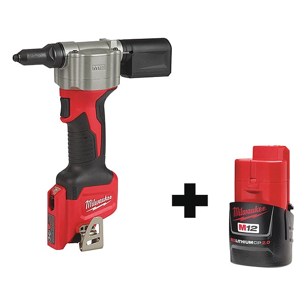 Milwaukee Tool M12 Rivet Tool, 1 1/2 in Stroke, 1/8 in Blind Rivet Dia, Includes 12-Volt Battery - 2550-20, 48-11-2420