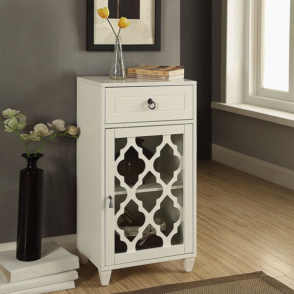 Acme Wooden Accent Table with Storage Drawer and Glass Door in White - ER-0103WH