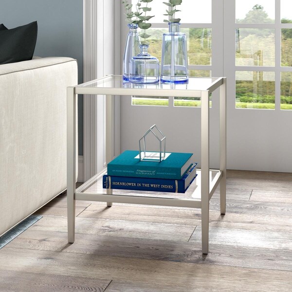 Hudson & Canal 20 in. Hera Square Side Table with Clear Shelf Satin Nickel - ST1630