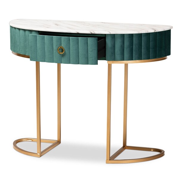 Baxton Studio Beale Velvet and Gold Finished 1-Drawer Console Table with Tabletop - 173-11030