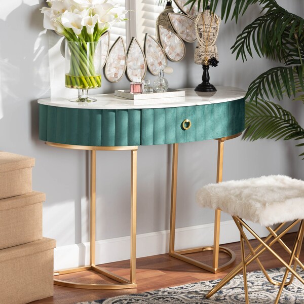 Baxton Studio Beale Velvet and Gold Finished 1-Drawer Console Table with Tabletop - 173-11030