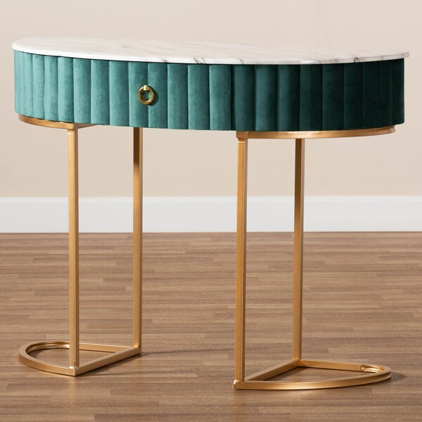 Baxton Studio Beale Velvet and Gold Finished 1-Drawer Console Table with Tabletop - 173-11030