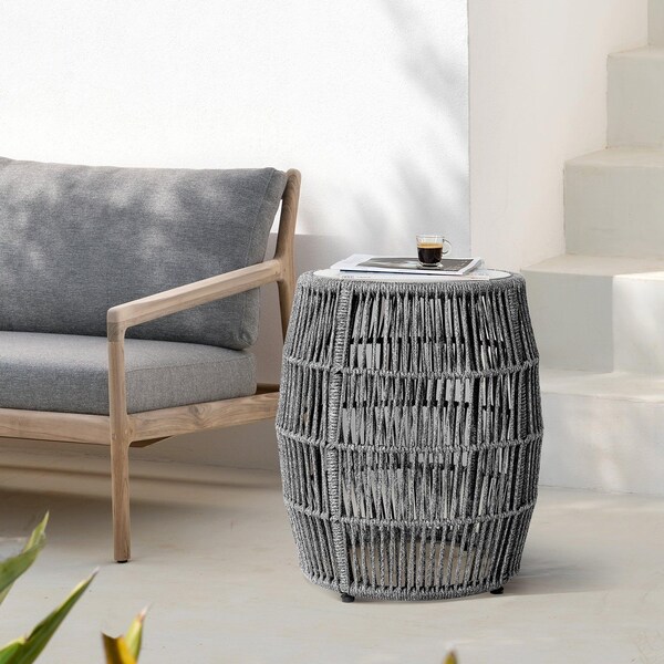 Armen Living Emory Indoor Outdoor Garden Stool End Table in Gray Rope and Gray Stone - 840254335998
