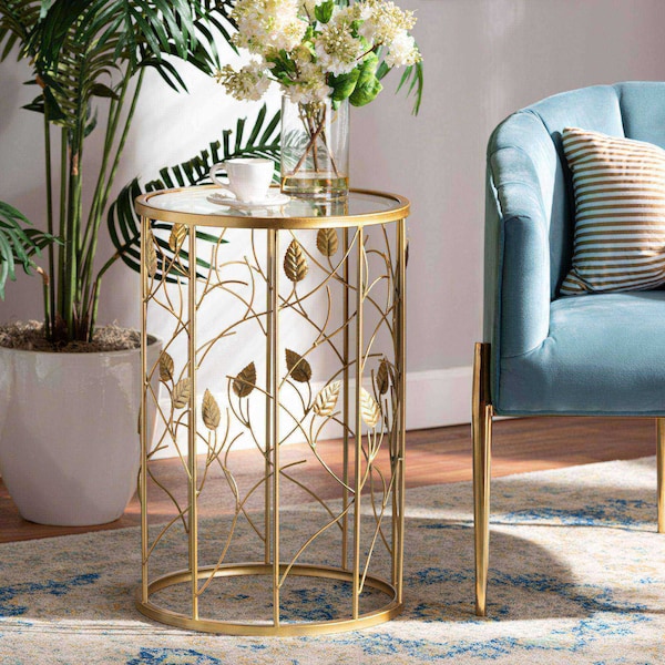 Baxton Studio Anaya Modern and Contemporary Glam Brushed Gold Finished Metal and Glass Leaf Accent End Table - 177-11188-ZORO