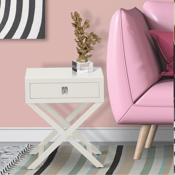 East West Furniture Hamilton Square Night Stand End Table with Drawer - White - HANE05